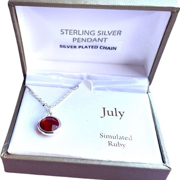Simulated Ruby sterling pendant silver necklace JULY new in box 18” - Picture 4 of 4